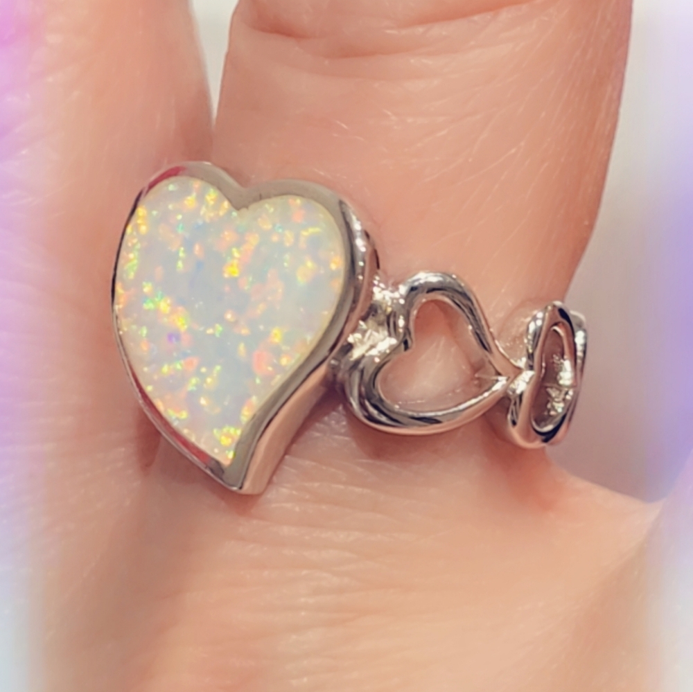 Triplet Opal Heart Band Sterling Silver Gemstone Ring